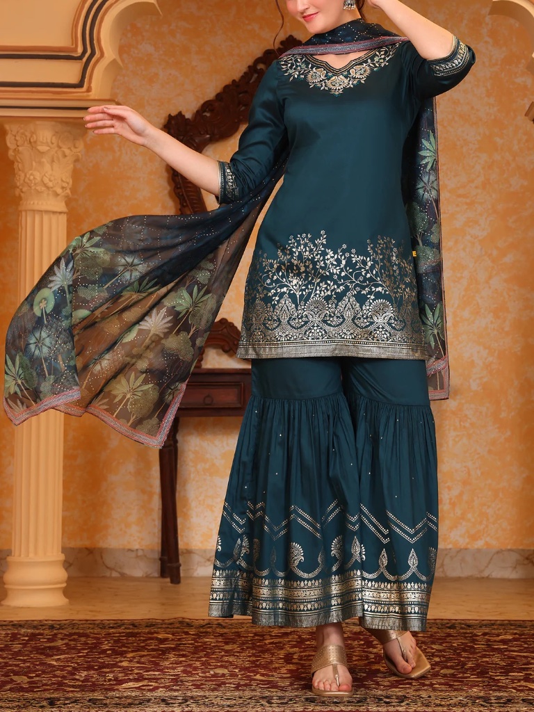Indian Teal Embroidered Kurta, Sharara And Dupatta Set - Medium